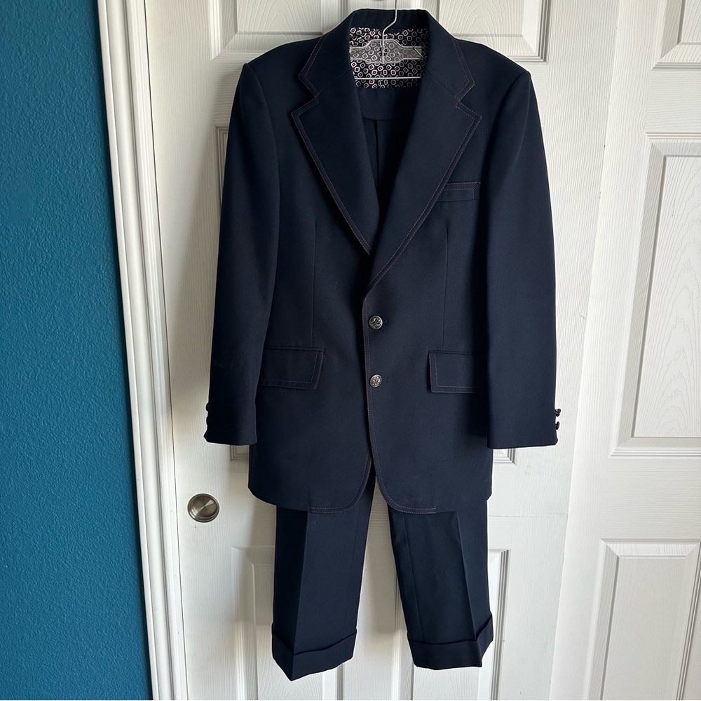 Men’s 1970s Vintage 2 Piece Polyester Leisure Suit Navy Blue Disco Small 30x30